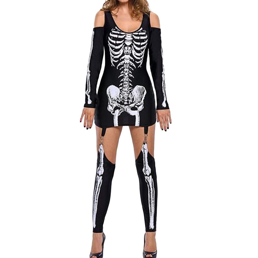 4007 Halloween Skeleton Dress Outfit Cold Shoulder Long Sleeve Scoop Neck